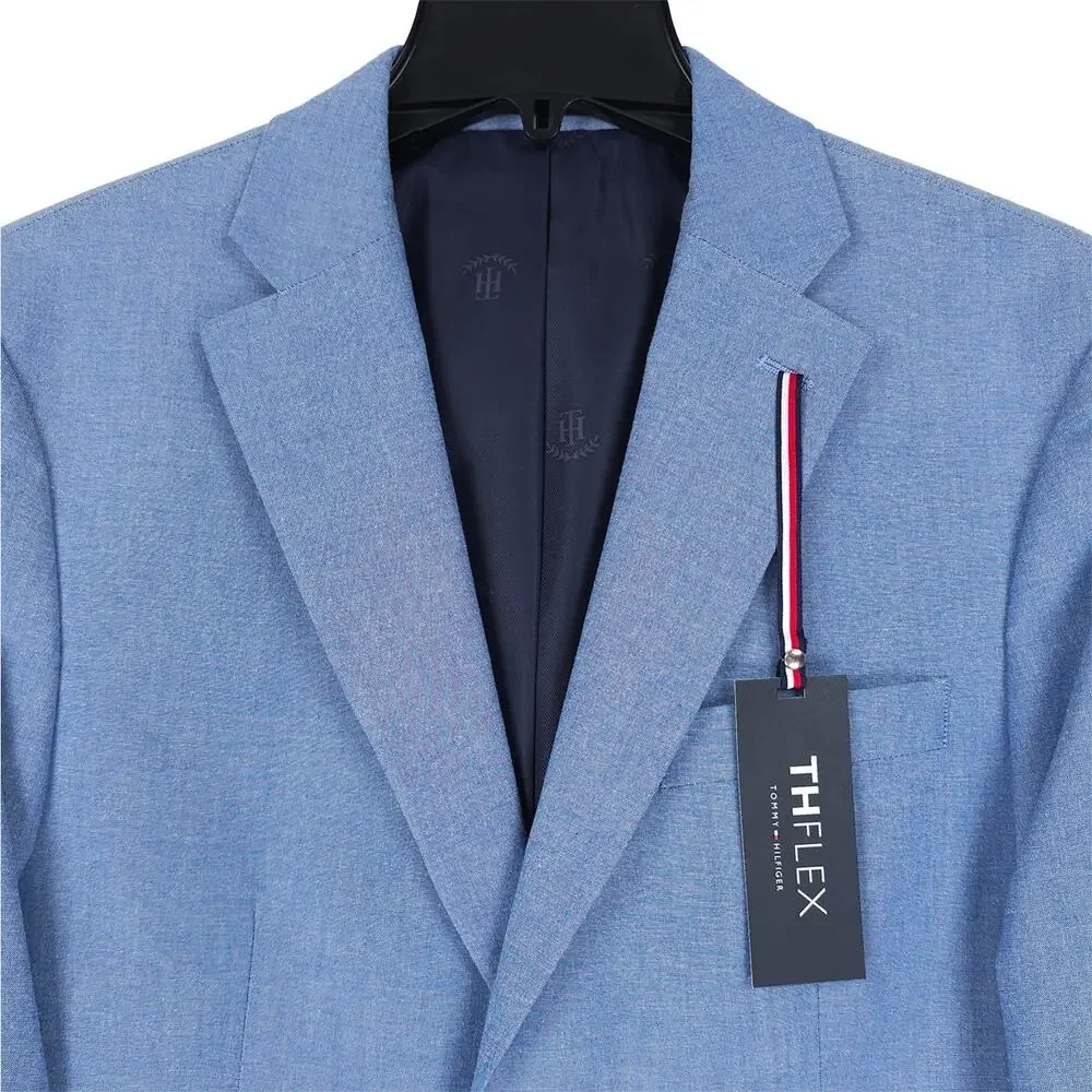 Tommy Hilfiger Mens Modern Fit Sport Coat 40S Blue Solid Stretch Cotton Chambray